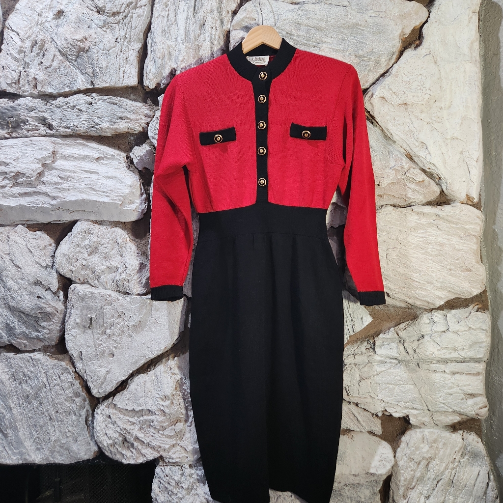 St. John 70's 80's Knitted Red Black Color Block Dress Womens Size 4 Marie Gray